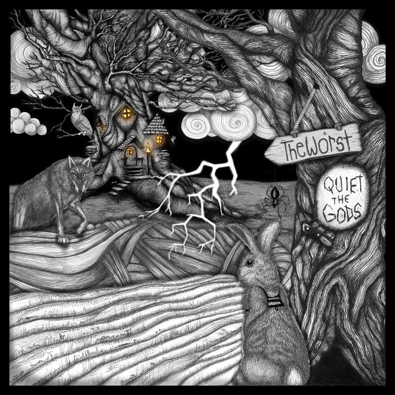 A black-and-white drawing of a dark, mystical forest scene featuring a large, twisted tree with a house and lit windows among its branches. There is a wolf in the foreground on a textured wooden surface, and a rabbit with a collar nearby. Signs hang from the tree pointing to 'The Worst' and 'Quiet the Gods'. Lightning strikes down from swirling clouds, creating an eerie atmosphere.