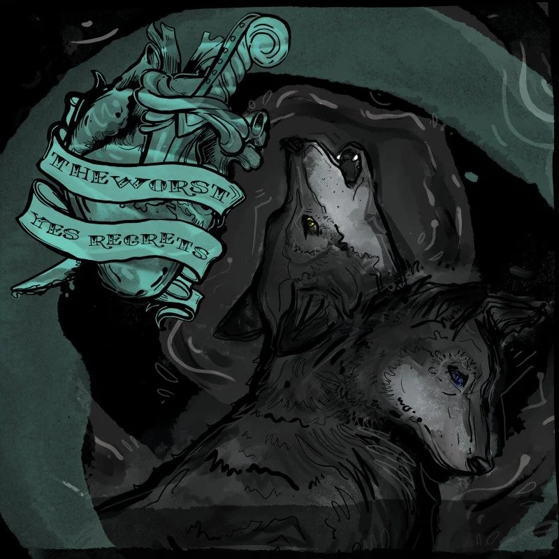 Illustration of two wolves lying down, one with yellow eyes and one with blue eyes, with a tattooed arm holding a dagger and a banner that says 'THE WORST HE REGRETS'
