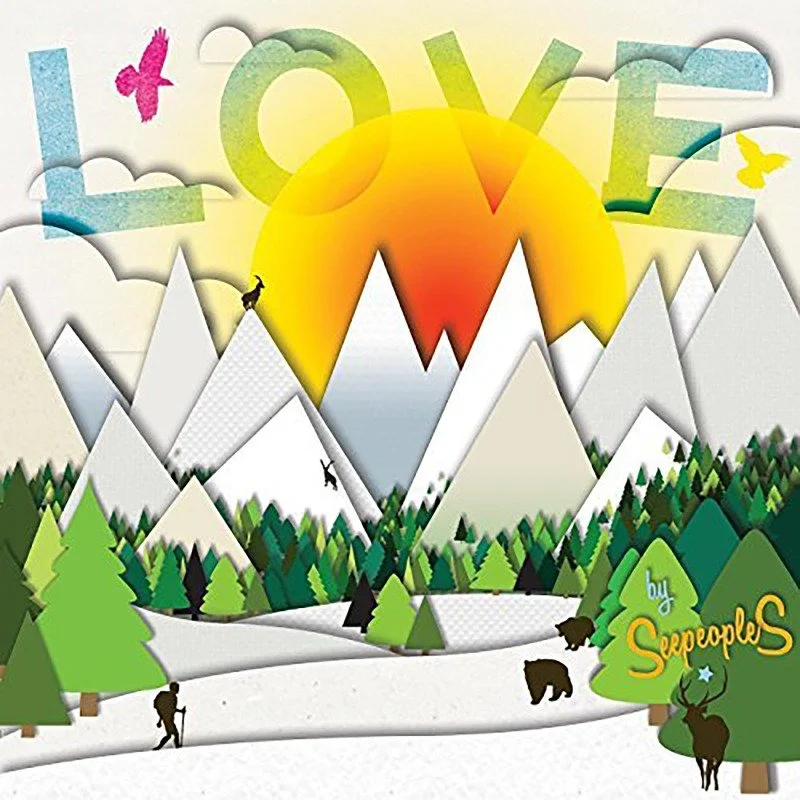 Colorful paper-cut style illustration of a mountain landscape with trees, hikers, bears, and a sunset with the word 'LOVE' and butterflies.