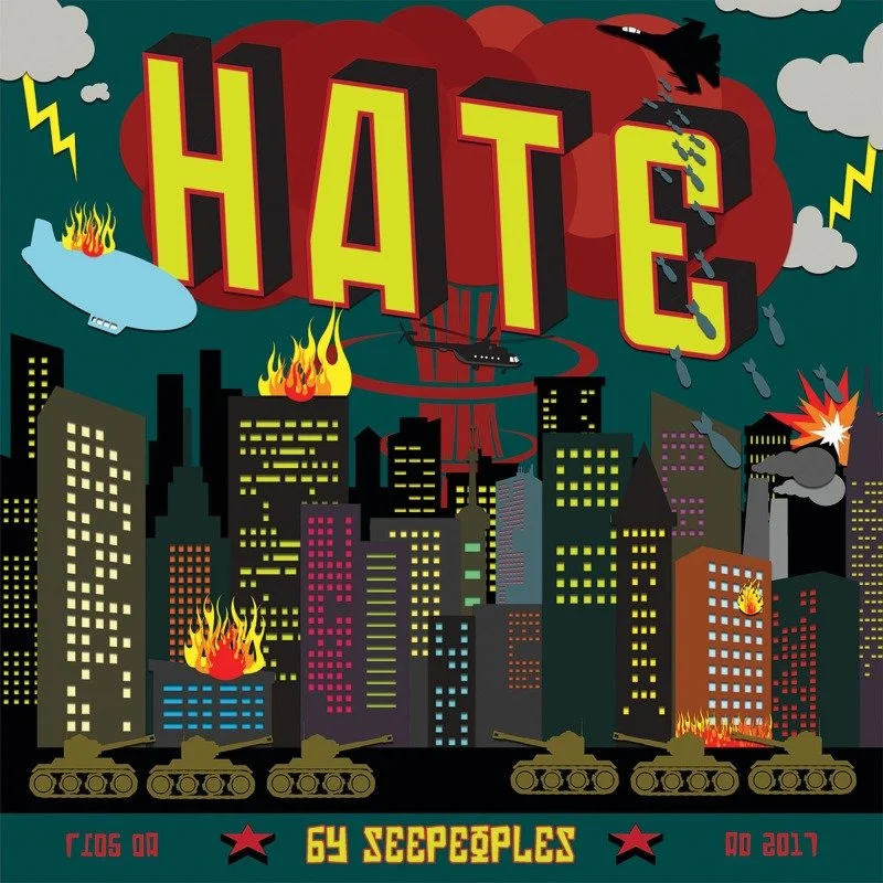 A cartoon-style depiction of a city skyline with buildings on fire, explosions, smoke, bombs, and military tanks, with a large red and yellow 'HATE' sign in the sky and a dark, threatening atmosphere.