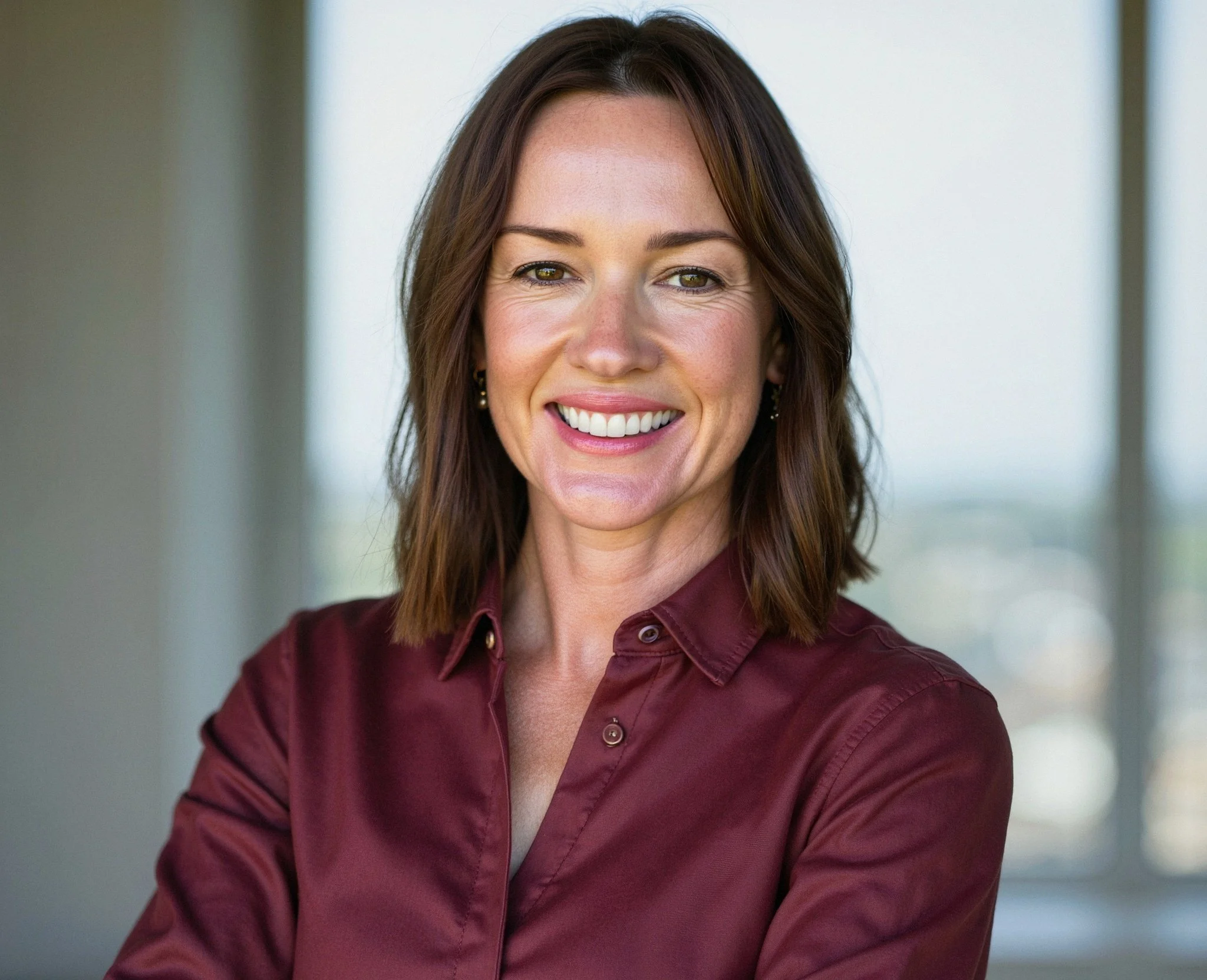 A woman with shoulder-length brown hair smiling, wearing a maroon collared shirt, standing indoors with a blurred window background.