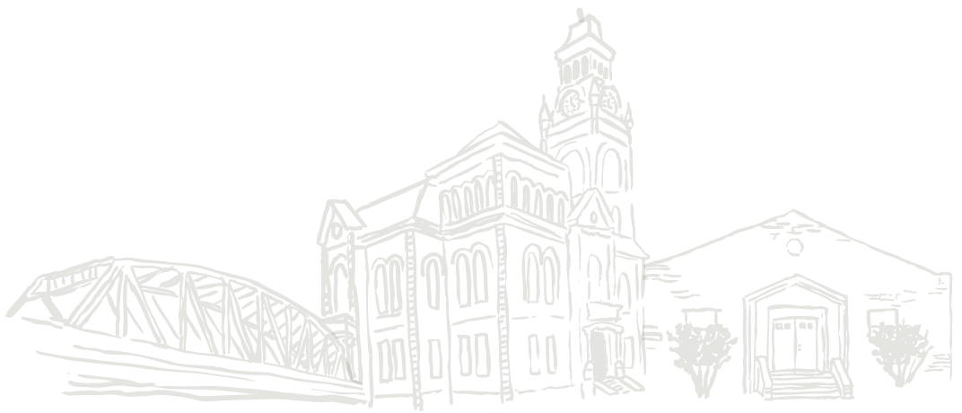 Line drawing of a historic courthouse or government building with a clock tower, connected to a bridge, and adjacent smaller buildings with trees.