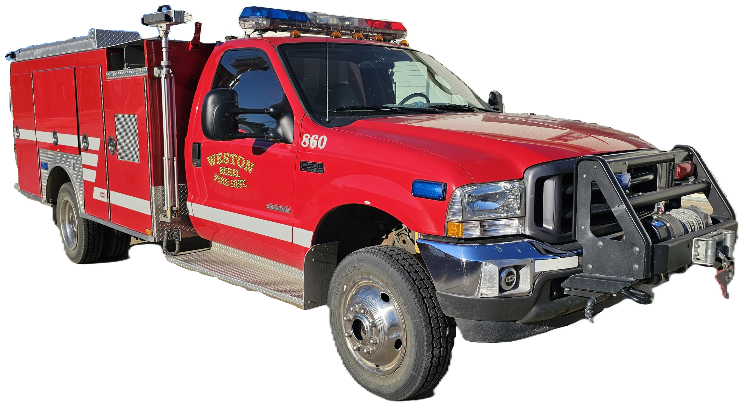 Red fire rescue truck with bumper guard, emergency lights on top, and firefighting equipment stored in compartments