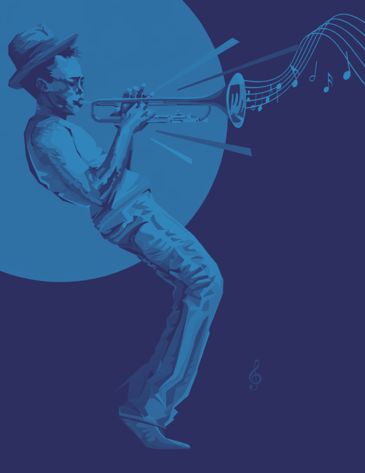 A stylized illustration of a person wearing sunglasses and a hat, playing a trumpet while dancing. Musical notes and abstract lines emanate from the trumpet against a dark blue background.