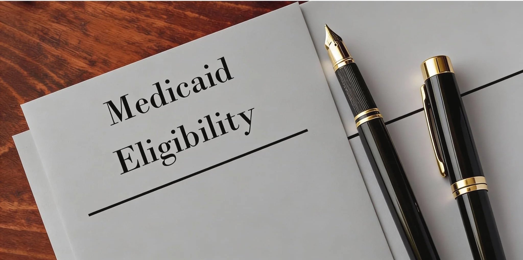 Medicaid paperwork on a desk with two fountain pens