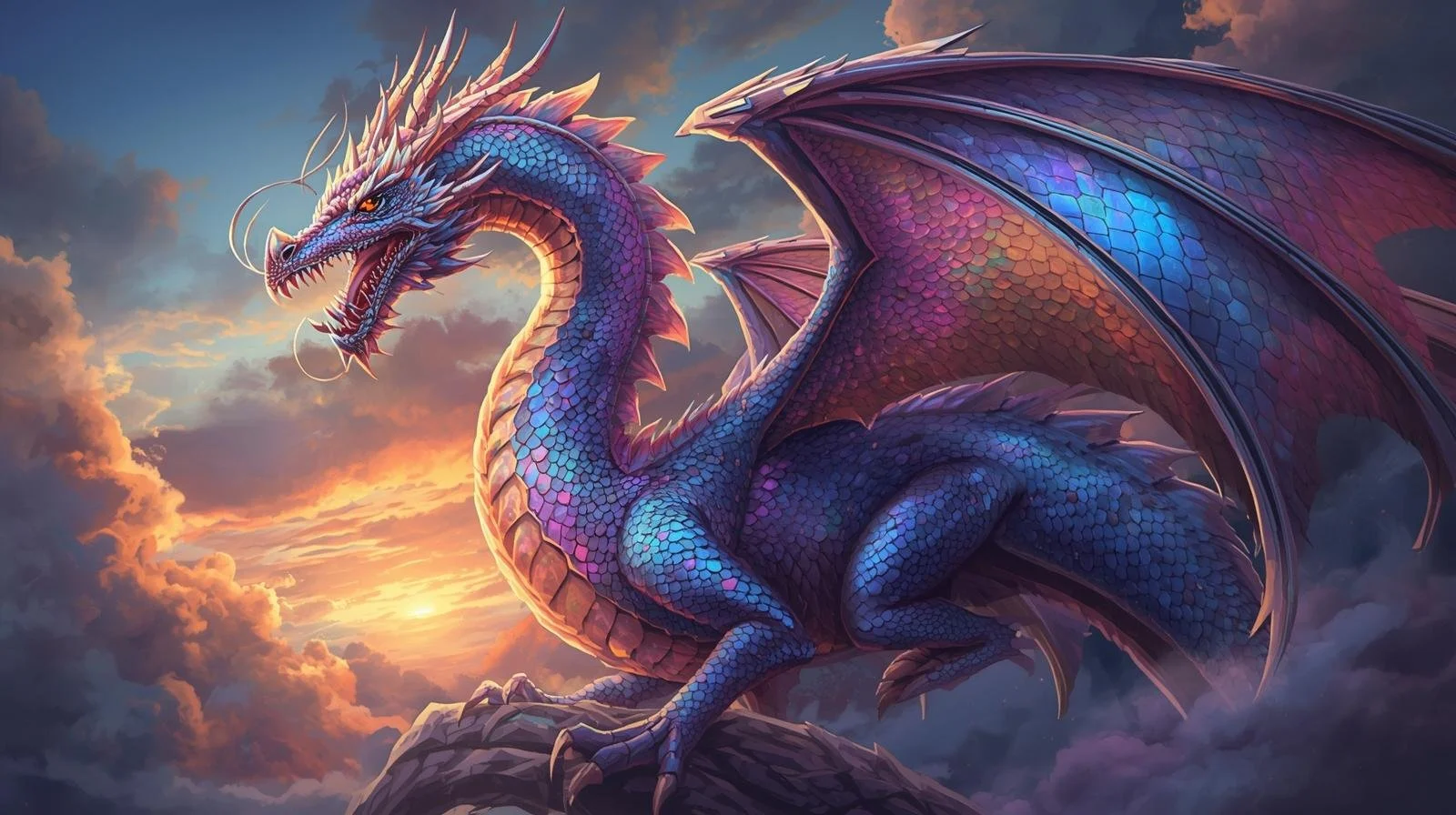 Digital artwork of a majestic, colorful dragon perched on a rocky outcrop during sunset, with its wings partially spread and detailed scales.