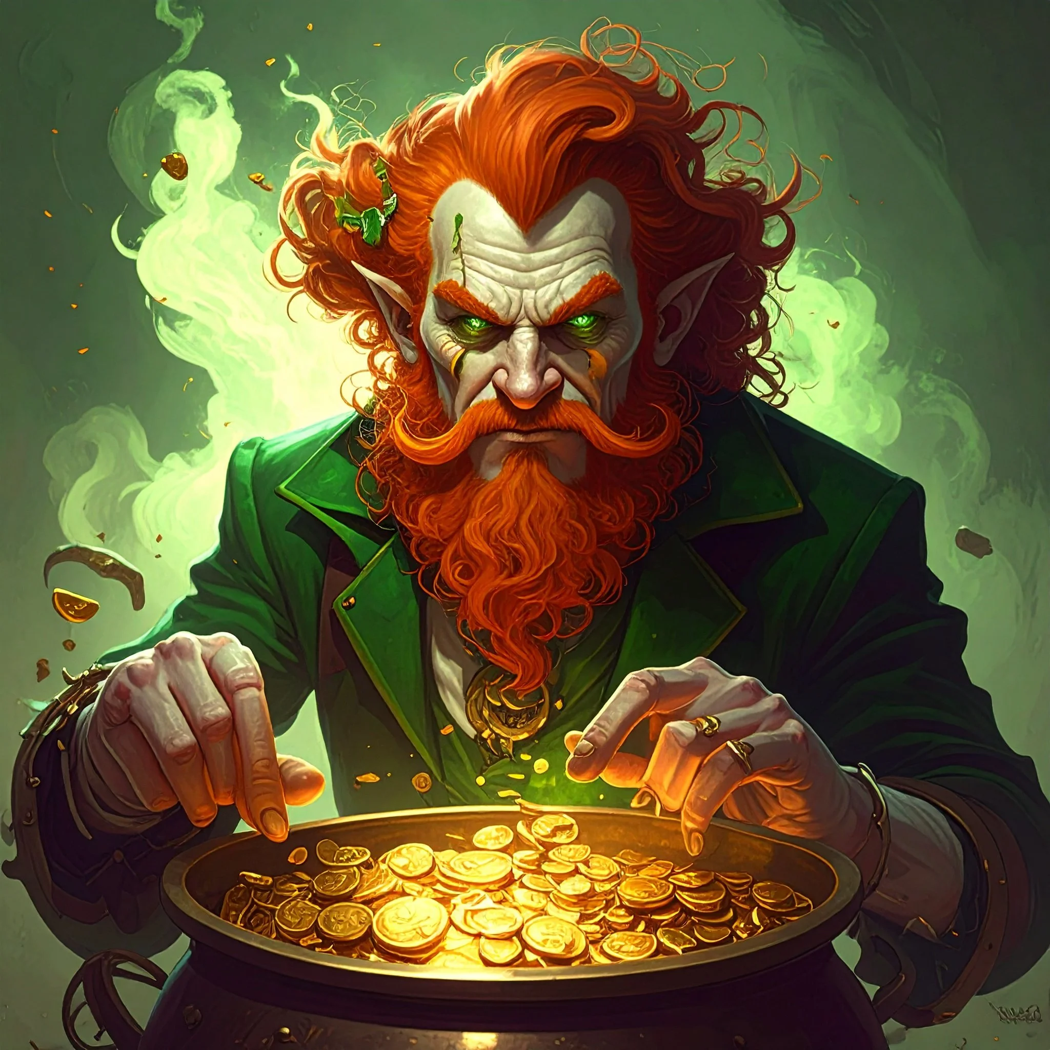A fantasy character with pointed ears, fiery red hair, and glowing green eyes, wearing a green jacket, is hunched over a cauldron filled with glowing gold coins. Green smoke and floating coins surround the character.