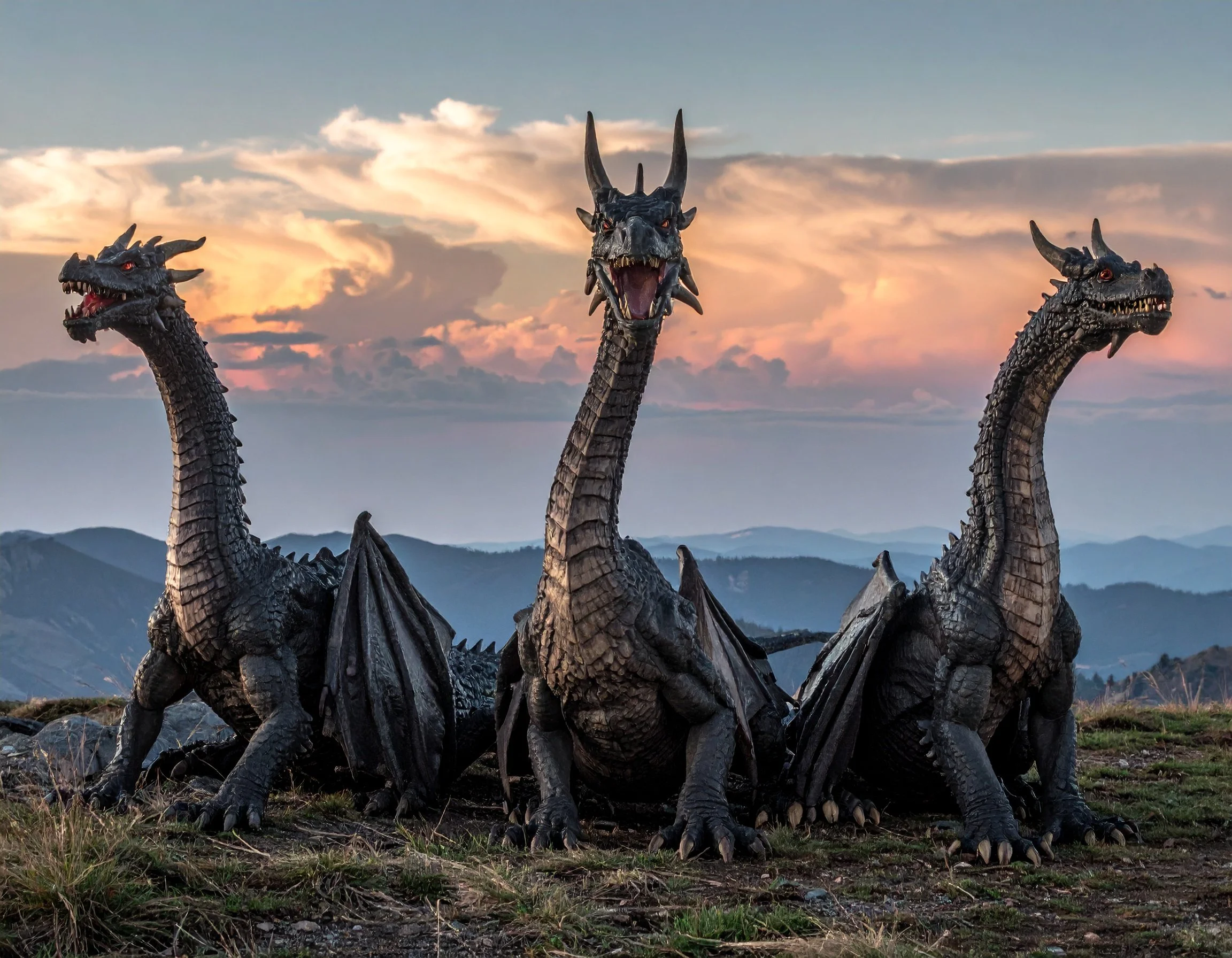 Three black dragon statues with detailed scales, wings, and fierce faces, set against a mountain landscape with a sunset sky.