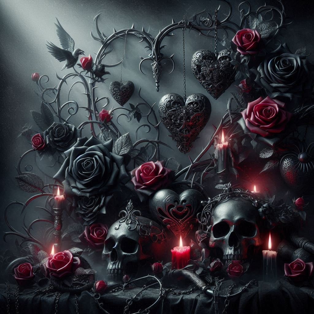 Dark gothic arrangement with skulls, black and red roses, hearts, candles, and a hummingbird, creating a gothic and romantic aesthetic.