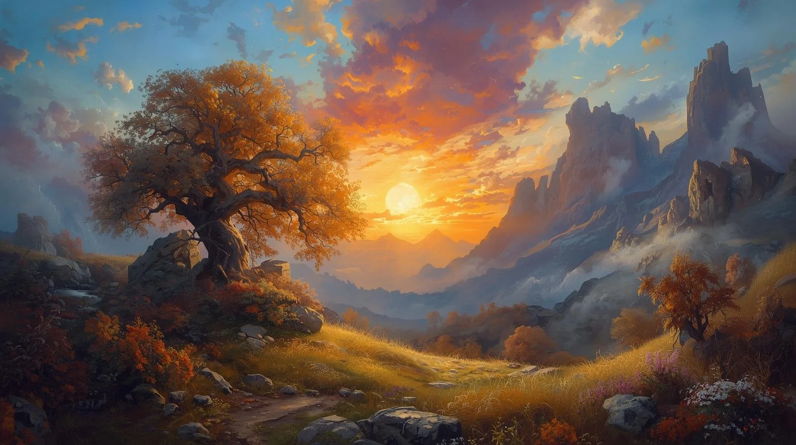 A vibrant landscape painting of mountains, a colorful sky with the sun setting, and trees with autumn foliage.
