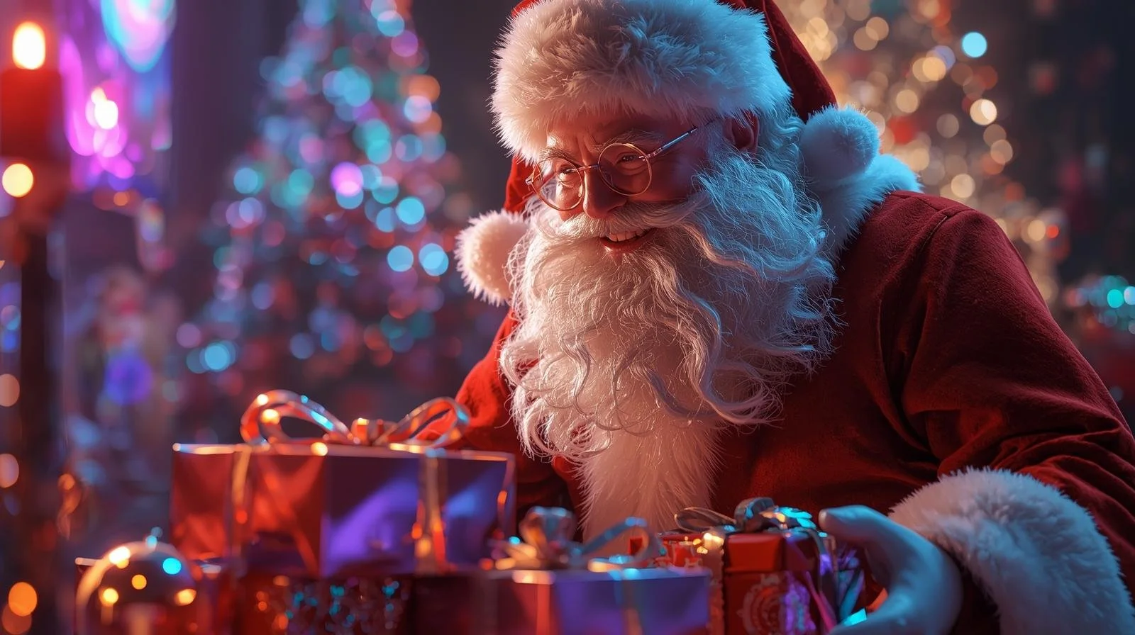 Santa Claus smiling, holding wrapped Christmas presents, with a colorful, blurred Christmas tree and festive lights in the background.