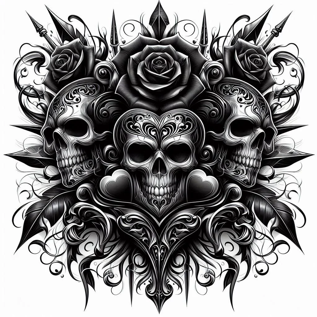 Black and white tattoo-style artwork featuring three skulls surrounded by roses, leaves, and decorative swirls.