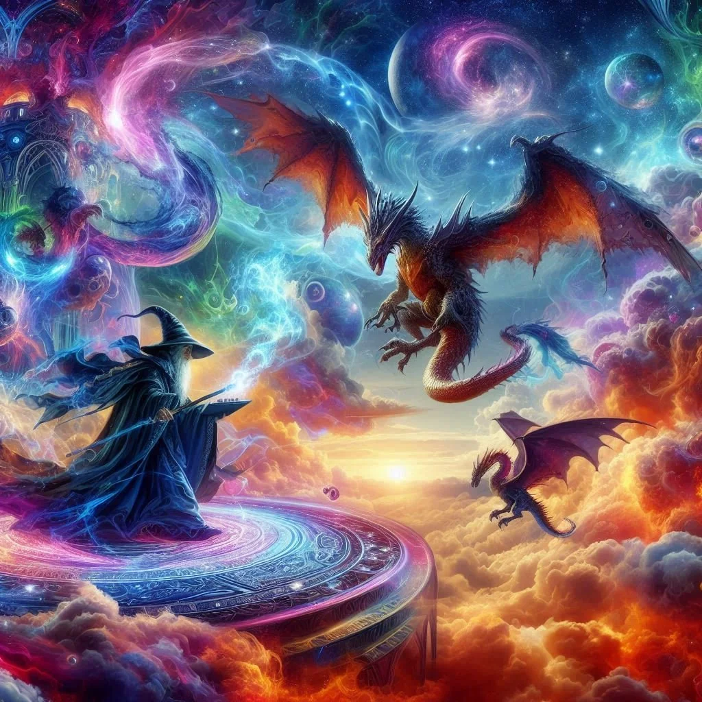 A wizard with a pointed hat and staff stands on a glowing, magical circular platform in a colorful, fantastical sky filled with clouds, swirling lights, multiple planets, and three flying dragons in vibrant colors.