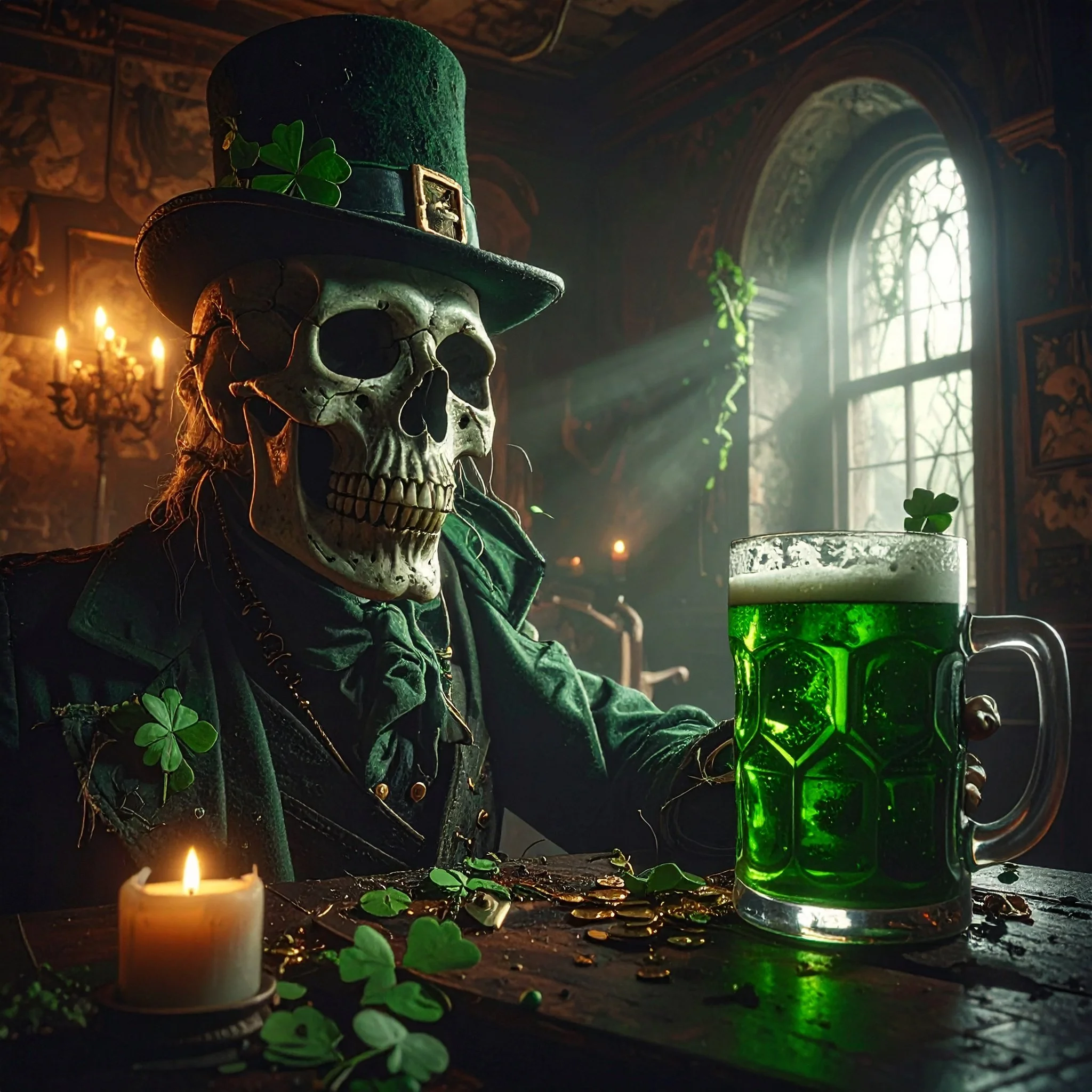 A skeleton dressed in St. Patrick's Day attire, including a green hat with a shamrock and a clover pin, sitting at a table with a mug of green beer, coins, and shamrock decorations in a dimly lit old tavern.