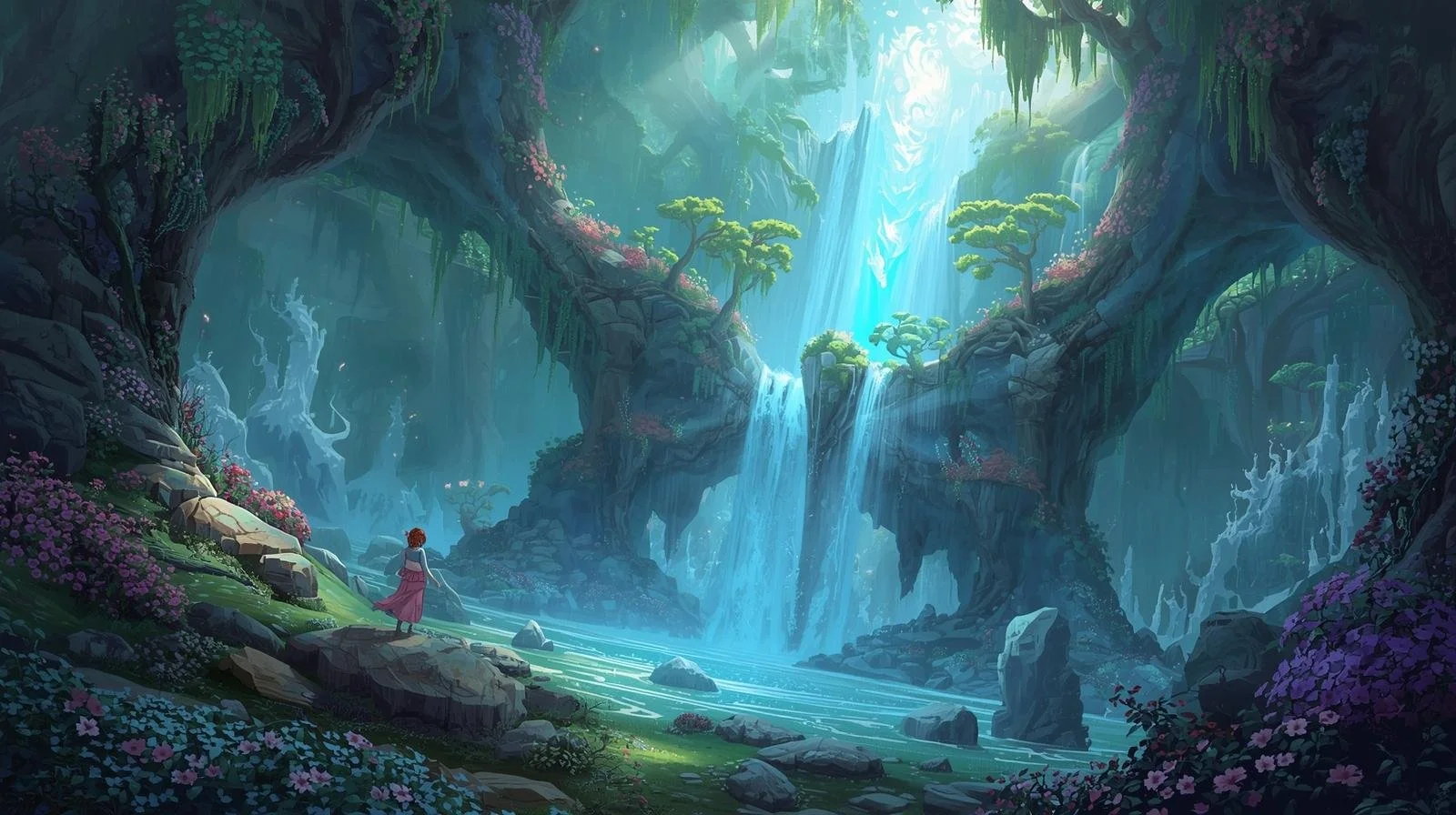 A fantasy landscape of a lush, mystical valley with waterfalls, large rocks, waterfalls, and vibrant greenery. A person wearing a pink dress stands on a rock, gazing at the scenic view.