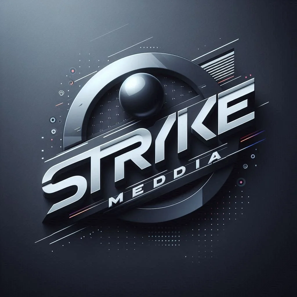 Futuristic logo for 'Strike Media' with metallic 3D text and graphic elements on a dark background.