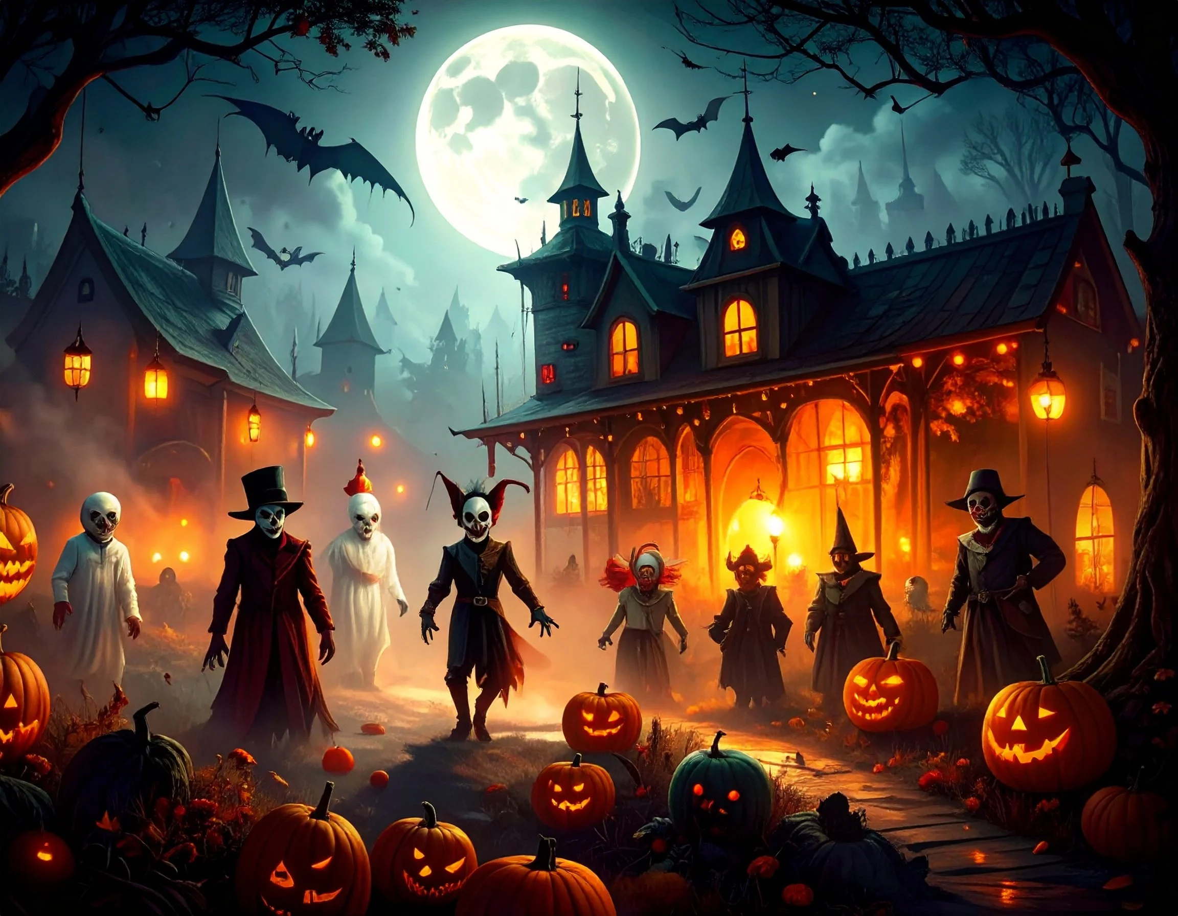 A haunting Halloween scene featuring a spooky, moonlit haunted house with glowing orange lights, surrounded by carved pumpkins with sinister faces. Full moon and flying bats in the sky. Several figures dressed as skeletons, jesters, witches, and scar