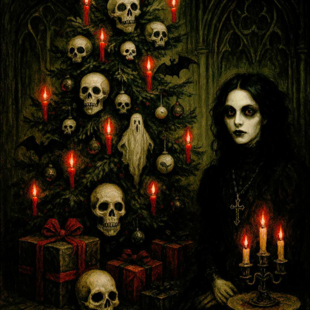 A dark-themed illustration of a woman with black, curly hair and pale skin, dressed in gothic clothing with a cross pendant, standing next to a decorated Christmas tree adorned with skulls, candles, and black ornaments, in a gothic interior setting.