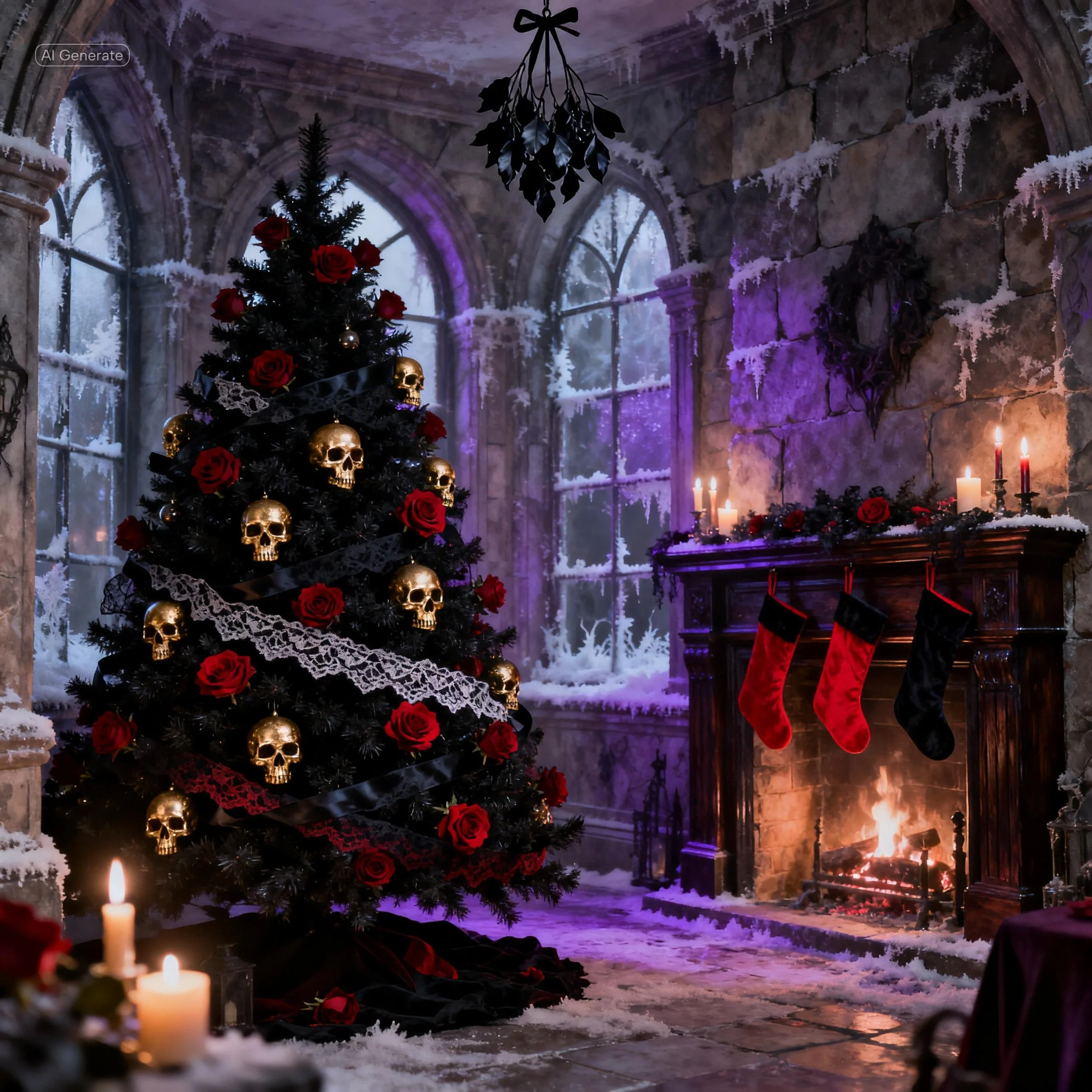 Christmas tree decorated with skull ornaments, red roses, black lace ribbons, and black garland, situated in a snowy, gothic-style room with large arched windows, a fireplace with three stockings hanging, lit candles, and a snowy winter scene outside