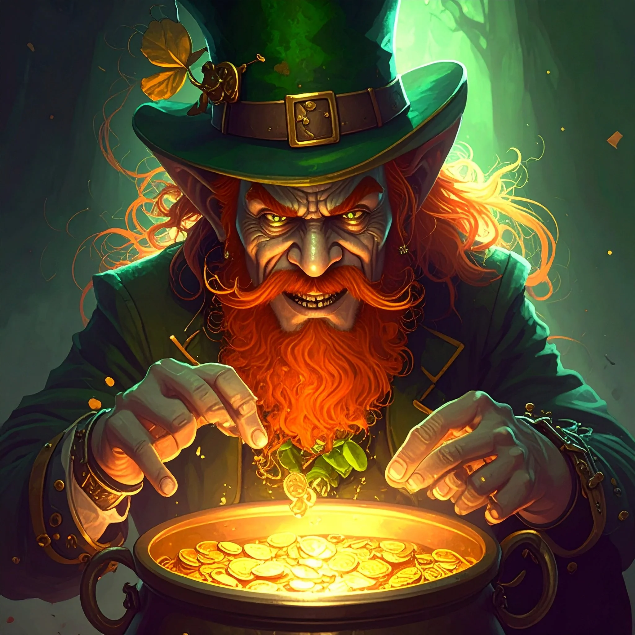 A fantasy wizard with a red beard and hat brews a glowing potion in a cauldron.
