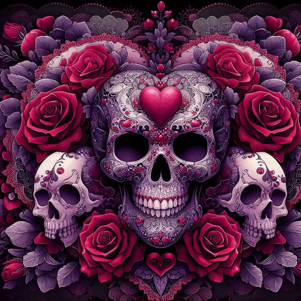 A dark, artistic illustration featuring a large intricately decorated skull with a red heart on its forehead, surrounded by four smaller decorated skulls, all amid vibrant purple and red roses and leaves, creating a striking, ornate composition.