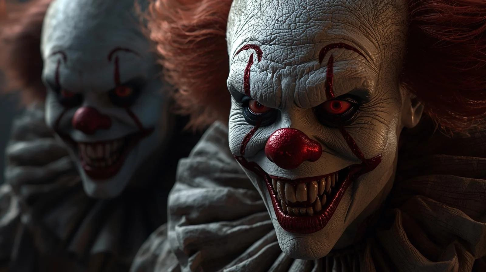 A terrifying clown with a white face, red nose, red scars, black eyes, and red hair, grinning menacingly.