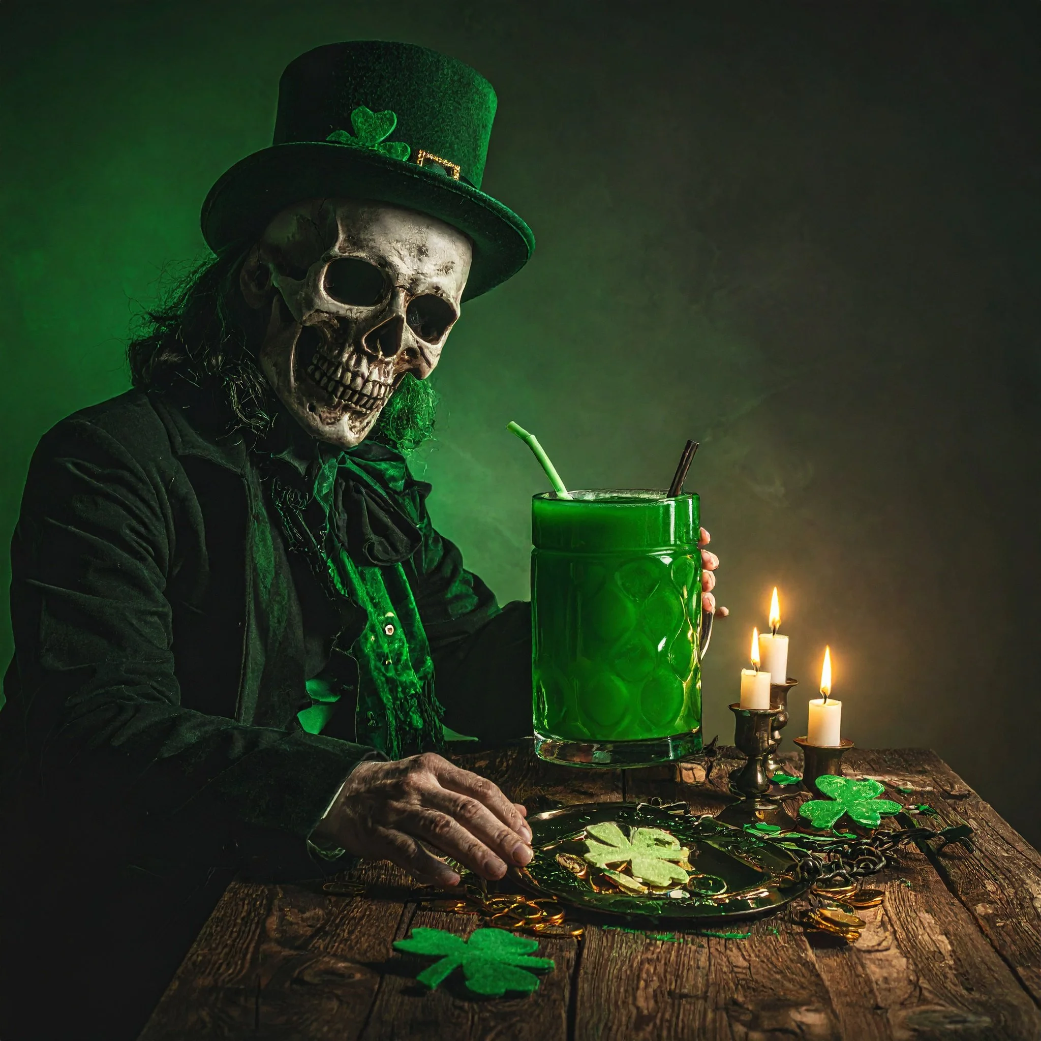 A person with a skull mask wearing a leprechaun hat decorated with shamrocks, sitting at a wooden table with a large glass of green drink, candles, and St. Patrick's Day decorations.