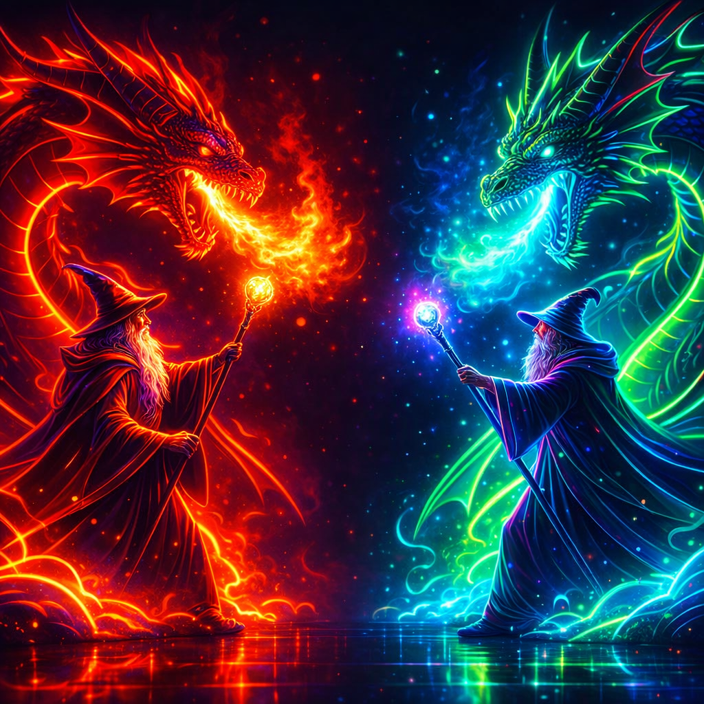 Two wizards, one with red magic and one with blue magic, face each other with glowing dragon heads in the background, one red and one green, representing fire and water elements.