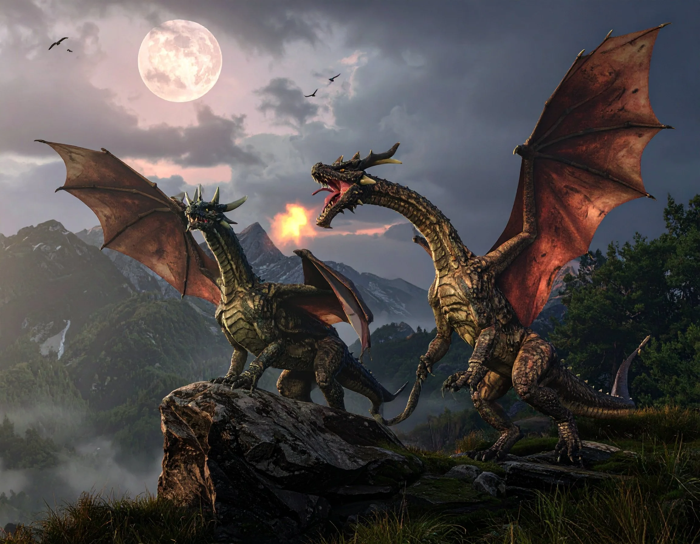 Two large, mythical dragons fighting on a rocky ledge in a mountainous landscape under a moonlit sky, with clouds, flying birds, and a fiery glow.