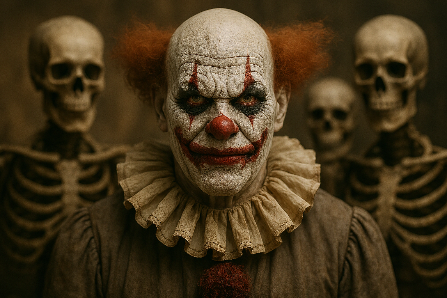 A sinister clown with white face paint, red nose, black eyes, and red markings, flanked by skeletons with skulls and ribcages.