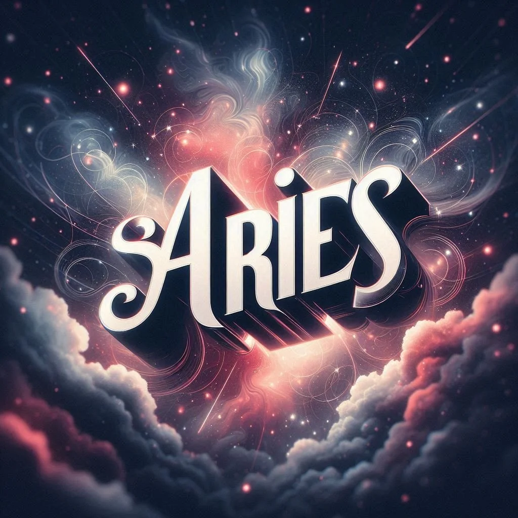 The word "ARIES" in bold, 3D stylized font floating among clouds and cosmic sparkles, with a nebula and starry sky background.
