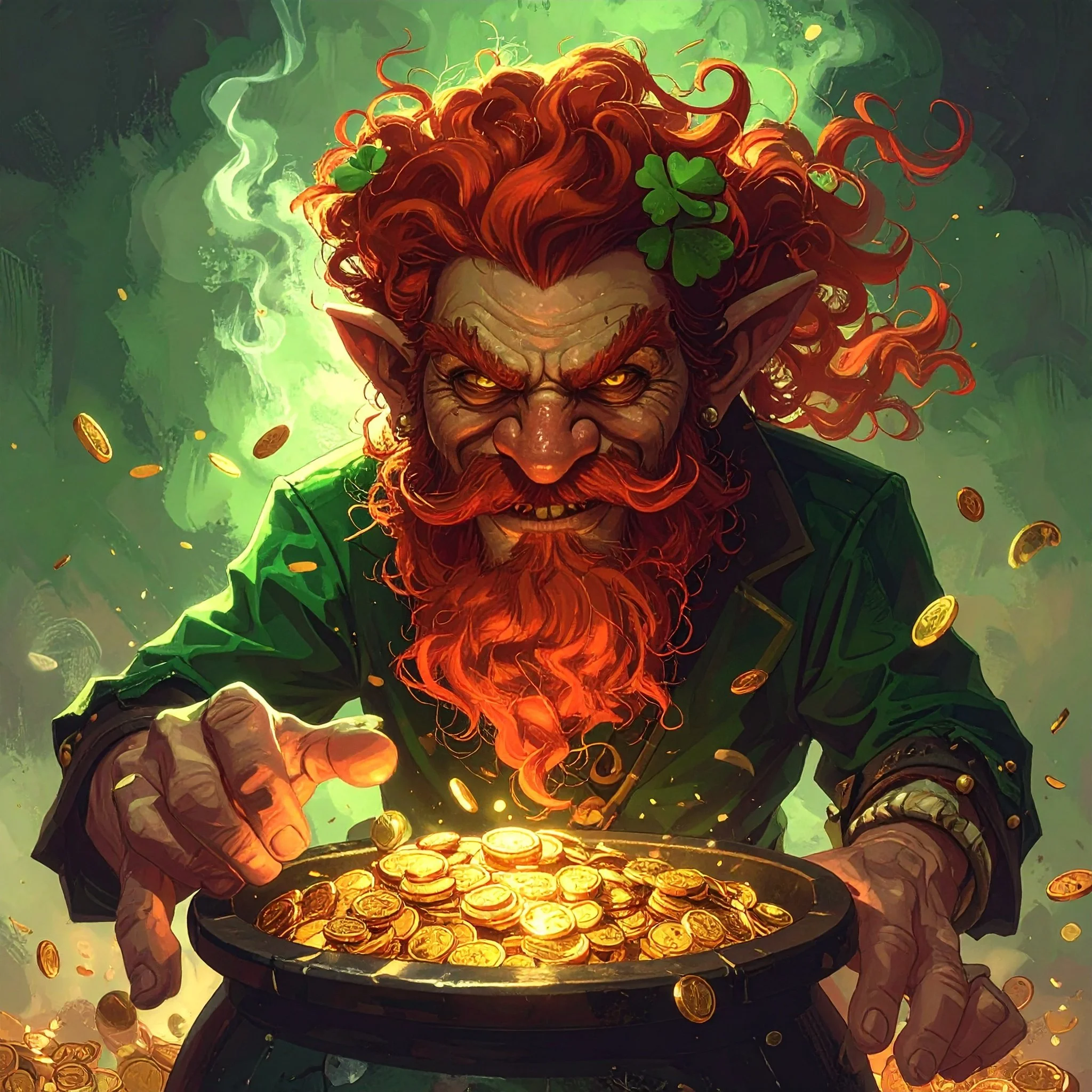 A fierce leprechaun with a red beard, red curly hair, and pointy ears. He is wearing a green jacket and has shamrocks in his hair. He is holding a pot overflowing with gold coins, with some coins flying around him. The background is green and smoky.