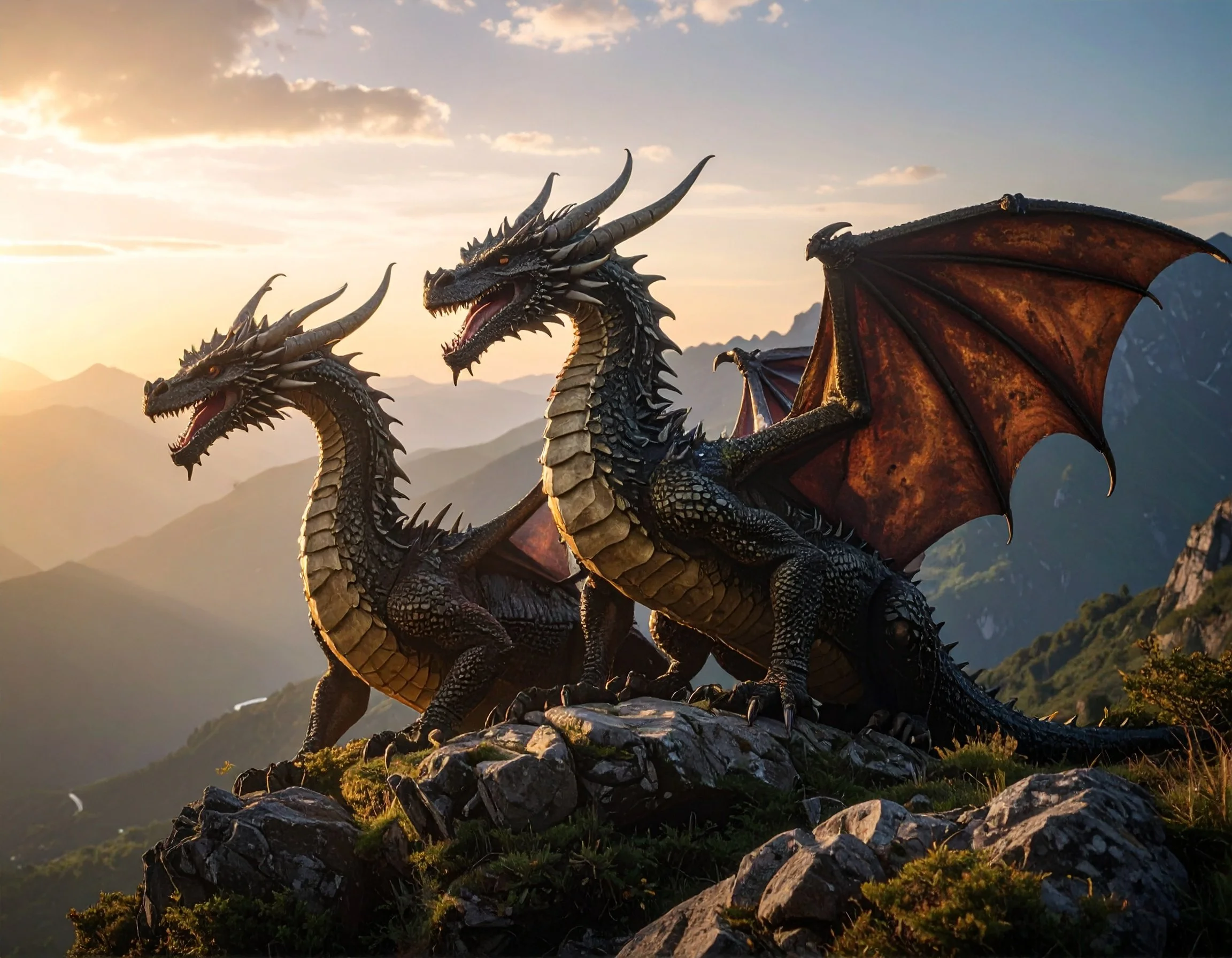 Two large black and gold dragons with wings perched on rocks in a mountainous landscape during sunset.