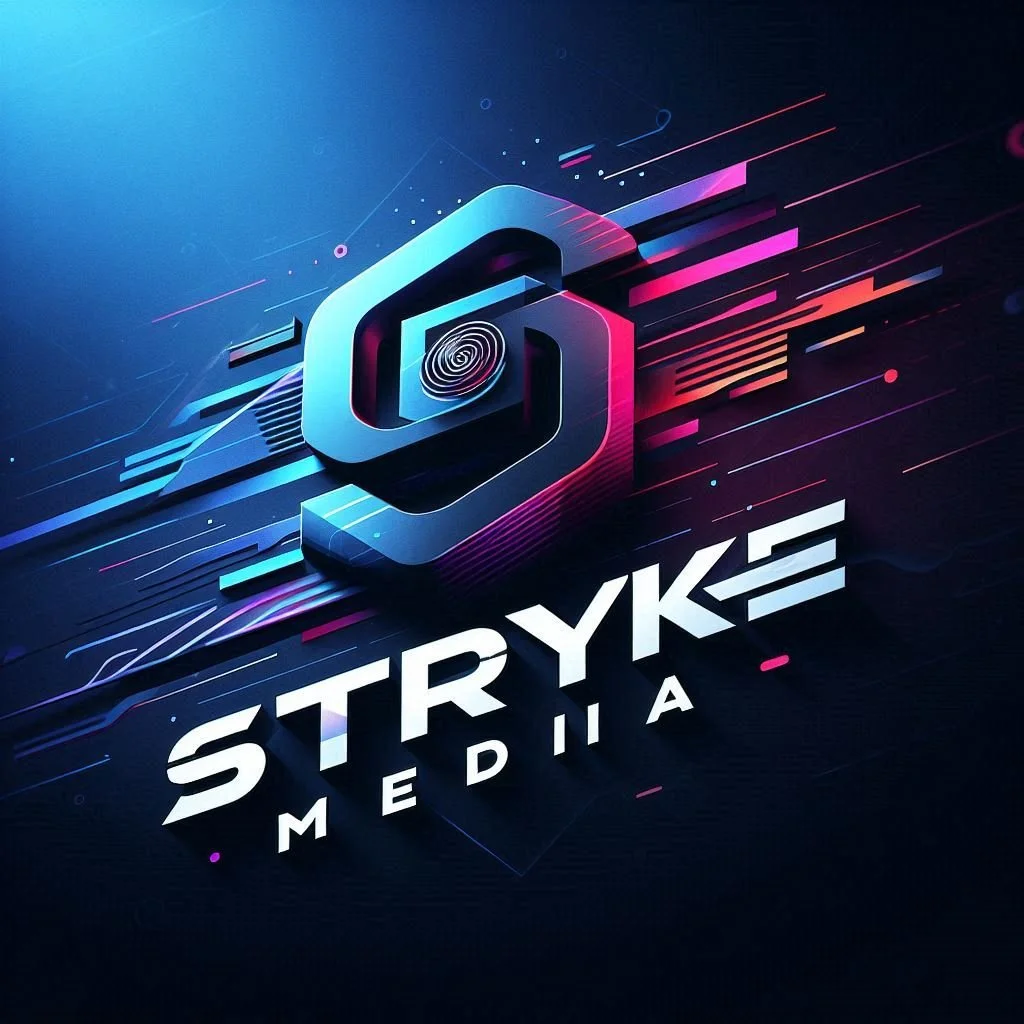 Digital graphic of a logo for 'STRYKE MEDIA' with a swirling spiral inside a stylized number 6 and colorful streaks.