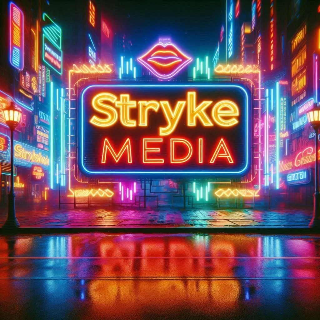 A vibrant city street at night illuminated by colorful neon signs, including a large sign reading 'Stryke Media,' with neon lips above and reflections on the wet pavement.
