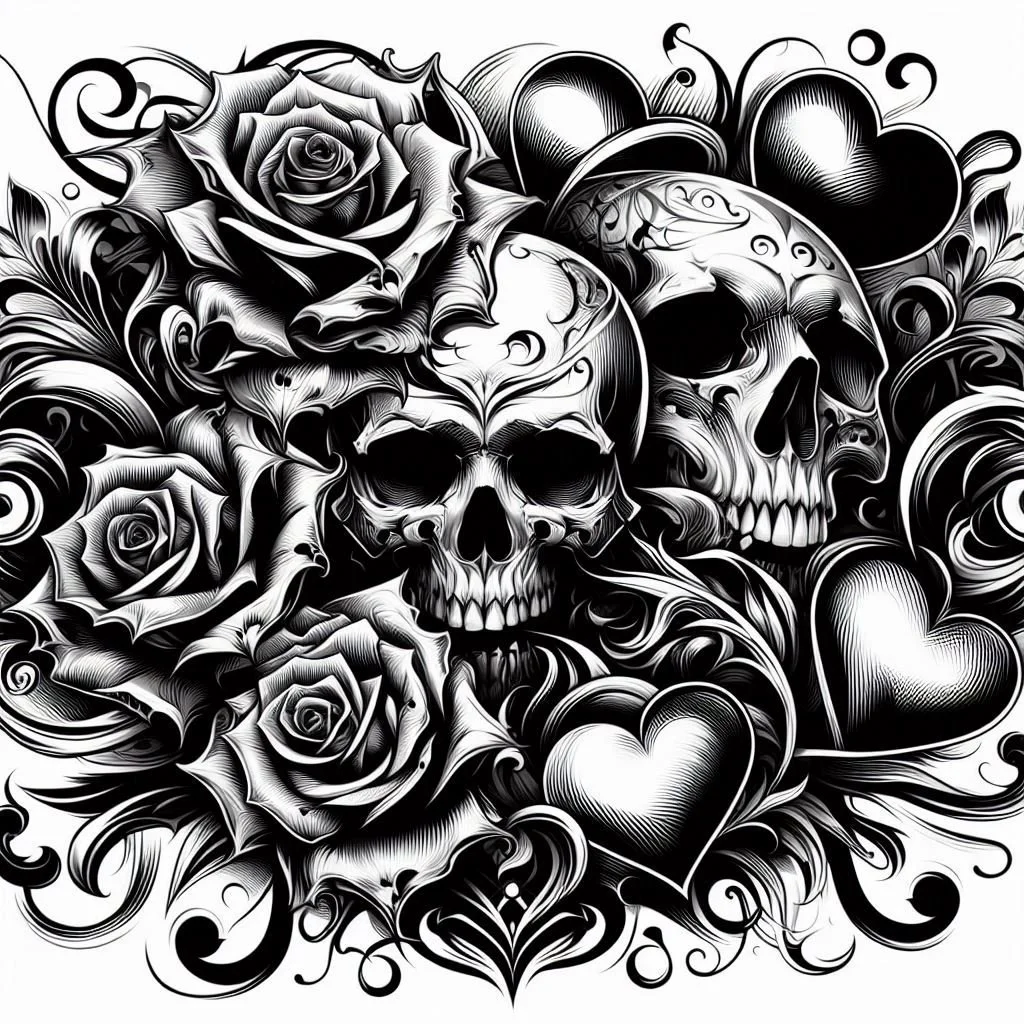 Black and white tattoo-style illustration featuring skulls, roses, hearts, and swirling decorative elements.