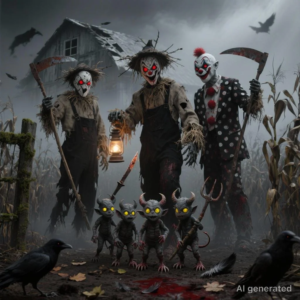 Three sinister figures wearing creepy clown masks with glowing red and yellow eyes, standing in a haunted, foggy cornfield with dark clouds and a spooky old barn in the background. They are holding weapons and lanterns, surrounded by small demonic cr