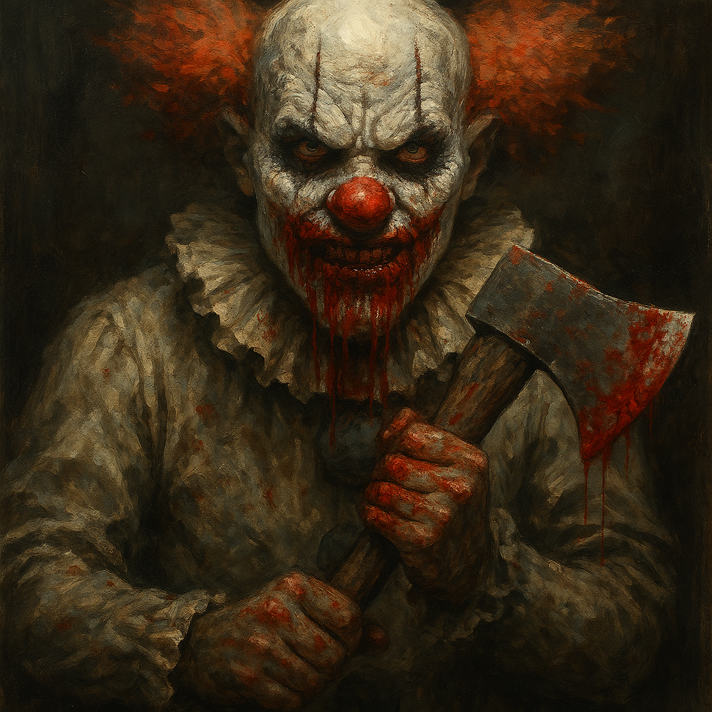 A terrifying clown with bloodied lips, a red nose, and angry eyes, holding a bloody axe, with dark background and orange hair.