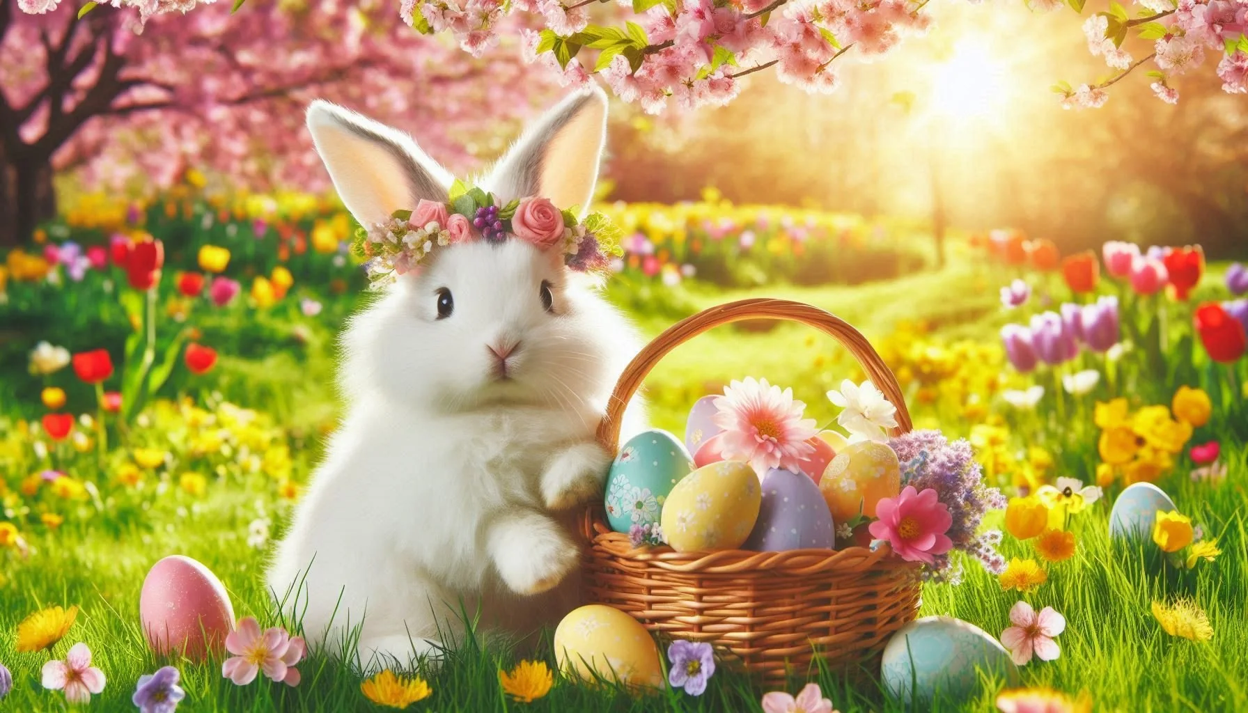 A white bunny with a floral crown on its head sitting next to a basket of colorful Easter eggs, surrounded by flowers and grass in a garden with blooming pink trees and sunlight.