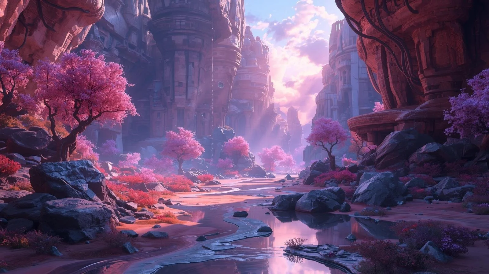 Futuristic city with towering buildings and pink-leaved trees, a river running through the landscape at sunset.