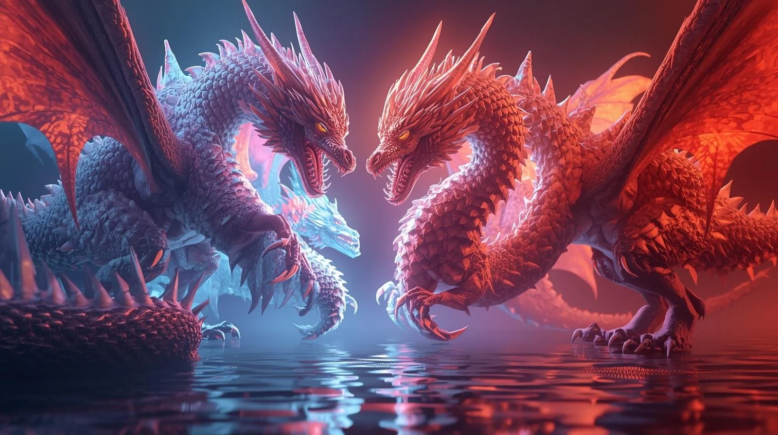 Two large, fearsome dragons with glowing yellow eyes, sharp teeth, and spiked scales face each other on a reflective water surface, with vibrant orange and blue lighting creating a fiery and icy atmosphere.