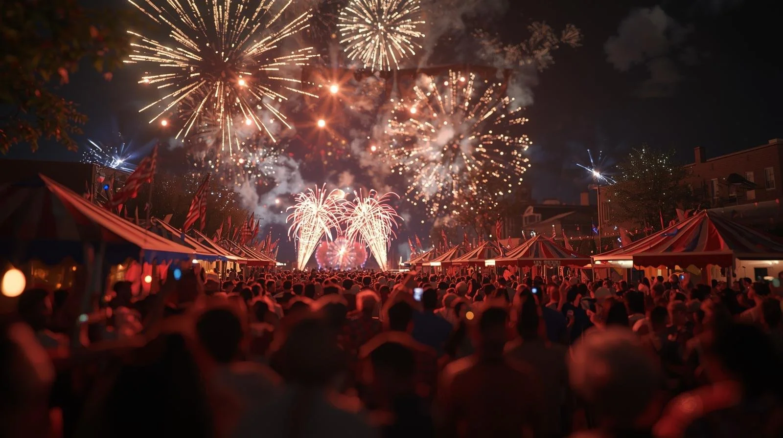 Crowd watching fireworks display at night with tents lined up and flags.