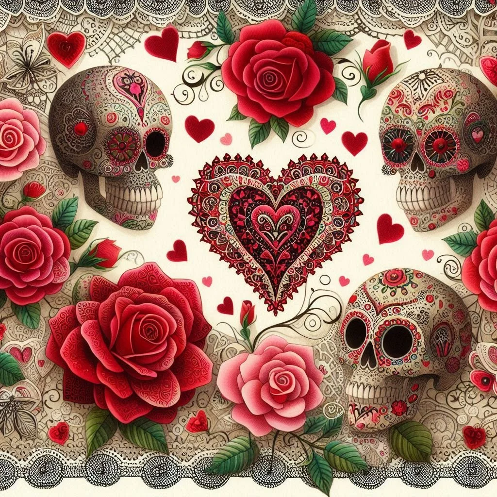 Decorative illustration featuring four ornate sugar skulls, red and pink roses, green leaves, and multiple small red heart shapes surrounding a central stylized heart design, with lace-like patterns in the background.