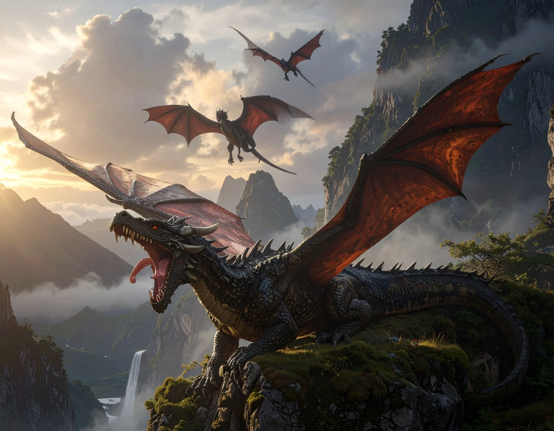Three dragons flying over a lush mountainous landscape with waterfalls and mist, during sunset.