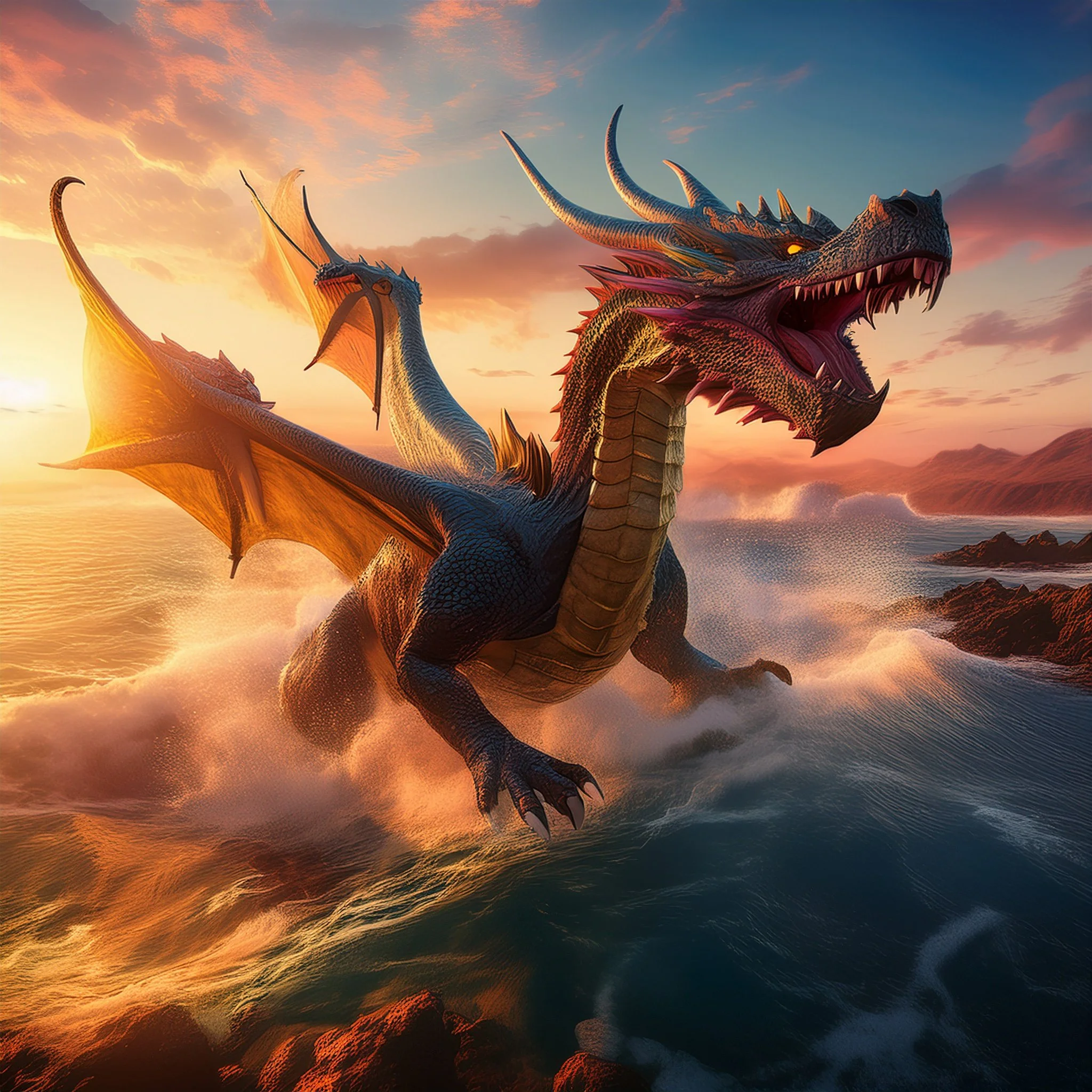 A large, fiery-colored dragon flying over the ocean at sunset, with mountains and rocky coastline in the background.
