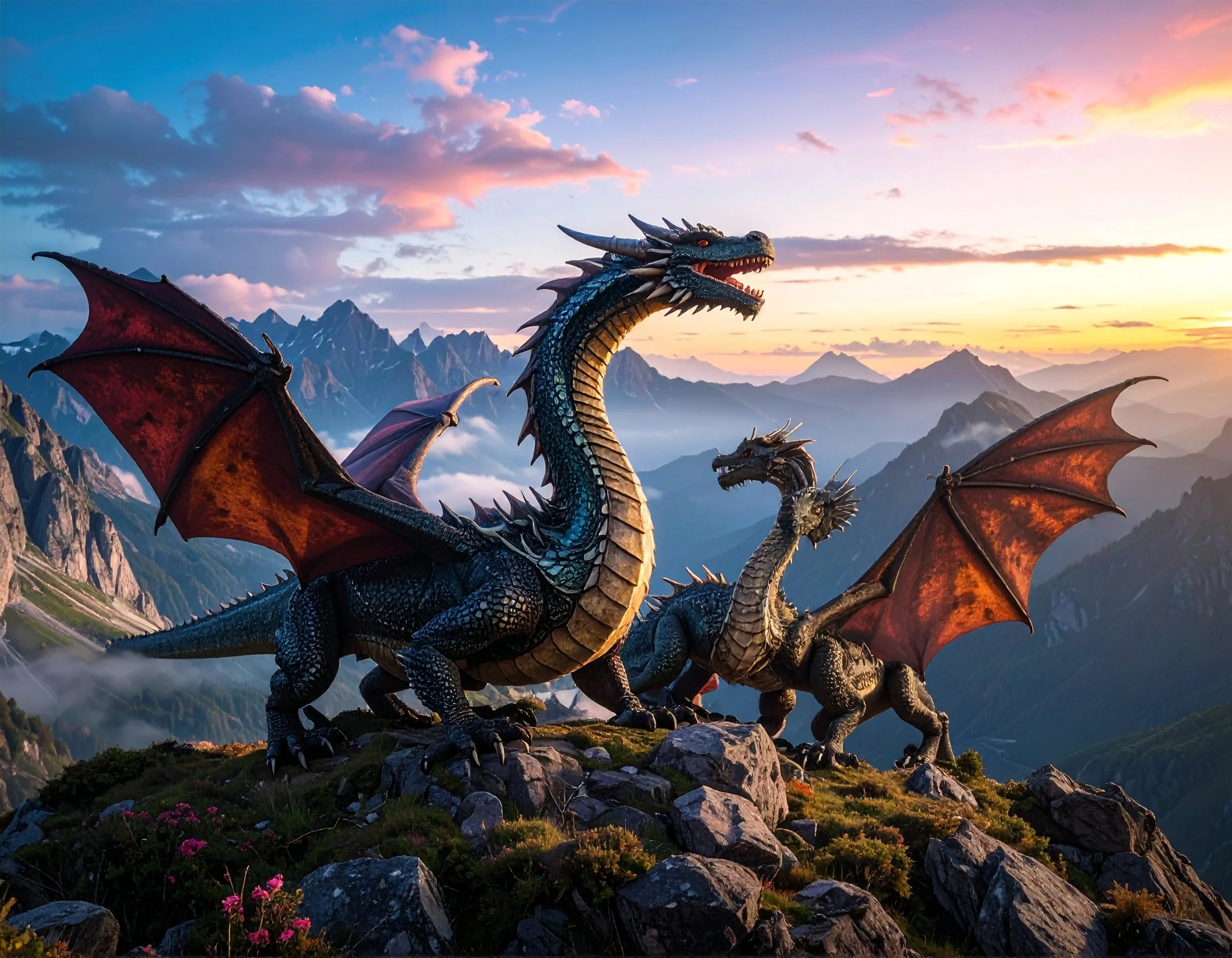Two dragons perched on rocks in a mountainous landscape at sunset, with clouds and colorful sky in the background.