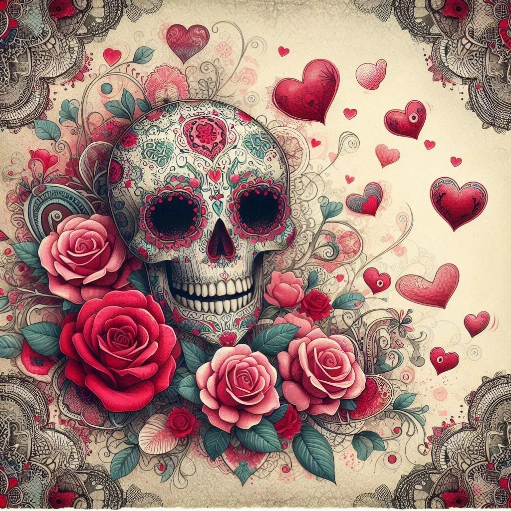A decorative illustration of a skull with floral and heart motifs, surrounded by roses and floating hearts on a vintage background.