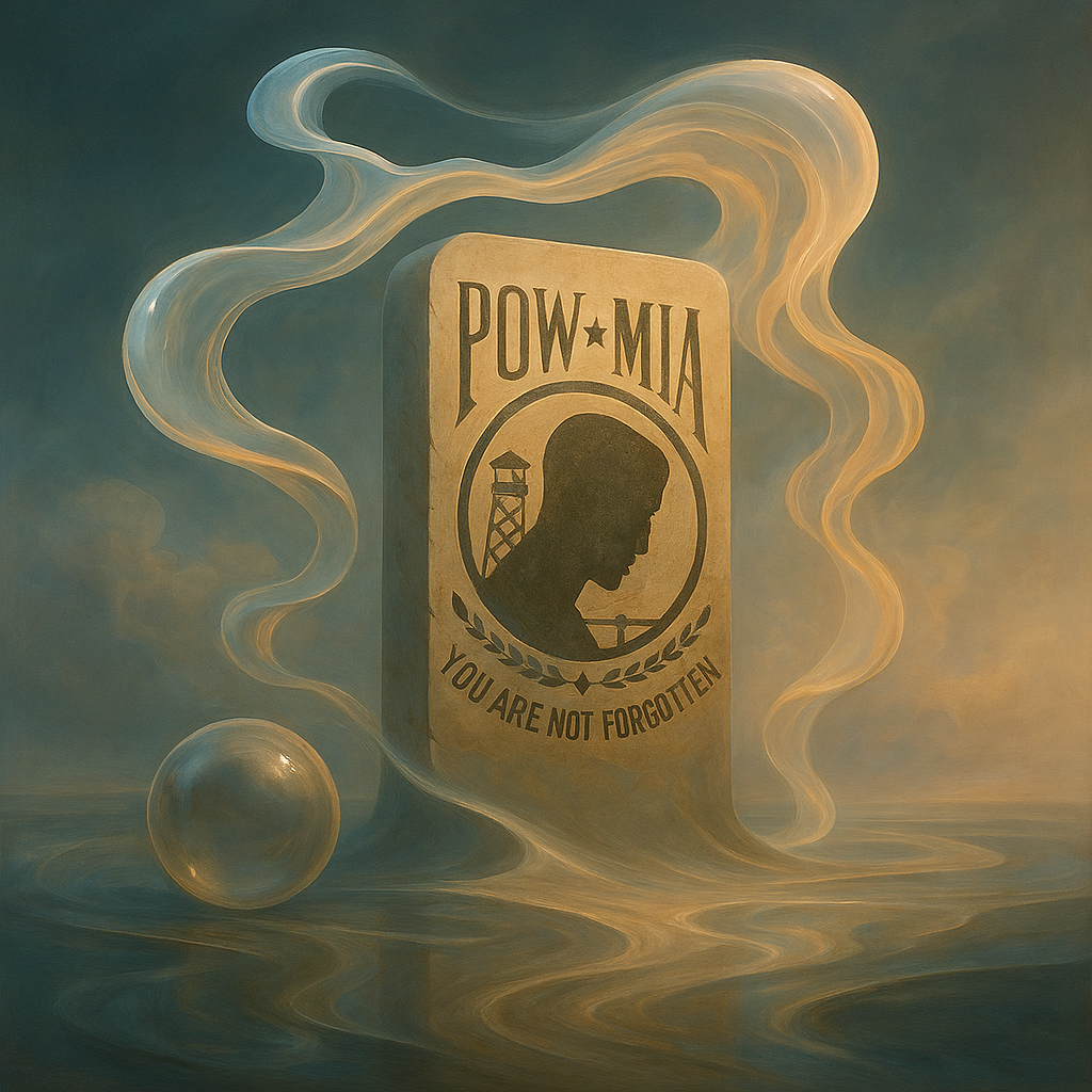 A mural depicting a tribute to the Vietnam War, featuring a silhouette of a soldier's profile within a watchtower, with the words "POW MIA" and "You Are Not Forgotten." Smoke-like swirls surround the mural, and a reflective sphere is on the ground ne