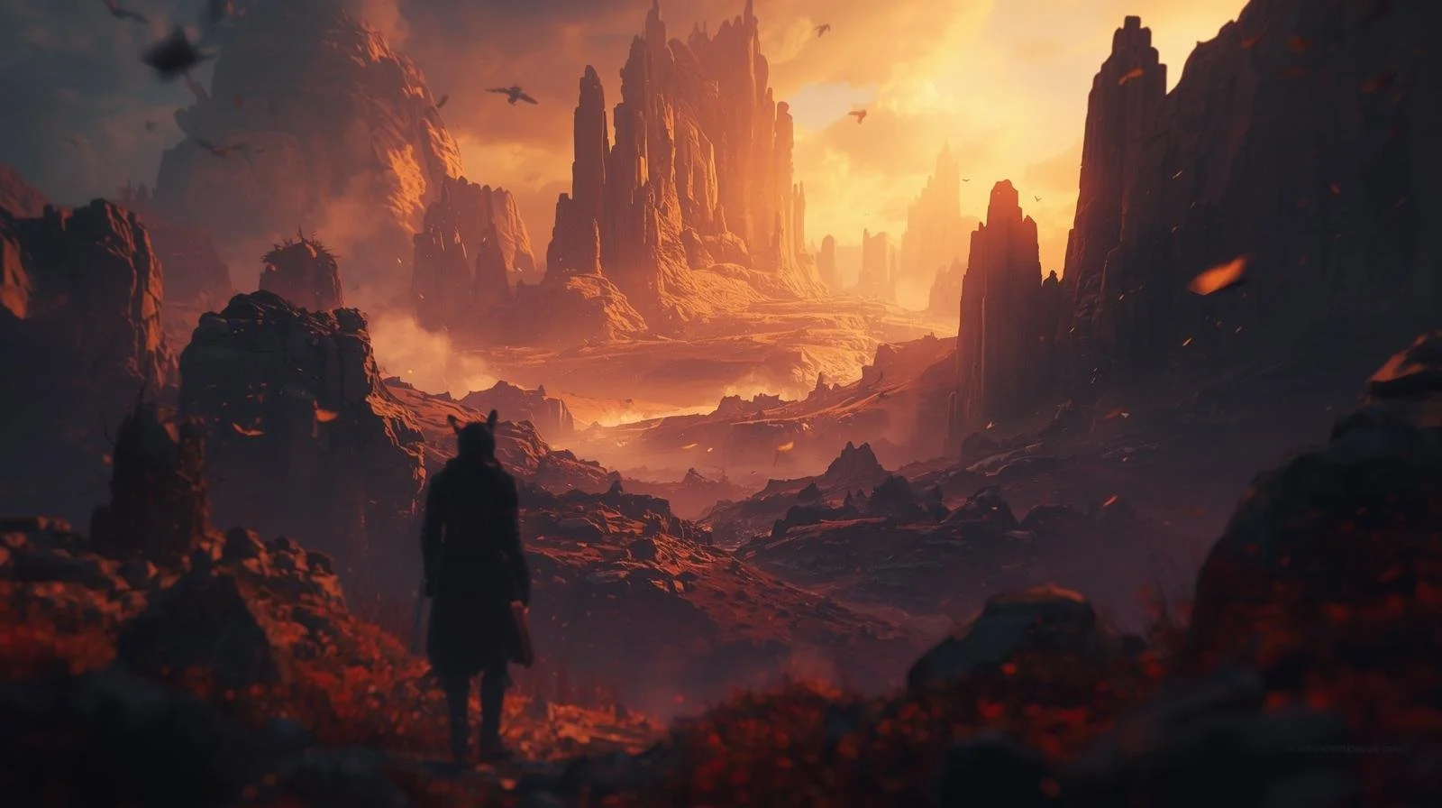 A person standing in a rocky, reddish landscape with towering cliffs and mountains in the background, under an orange sky with flying creatures.