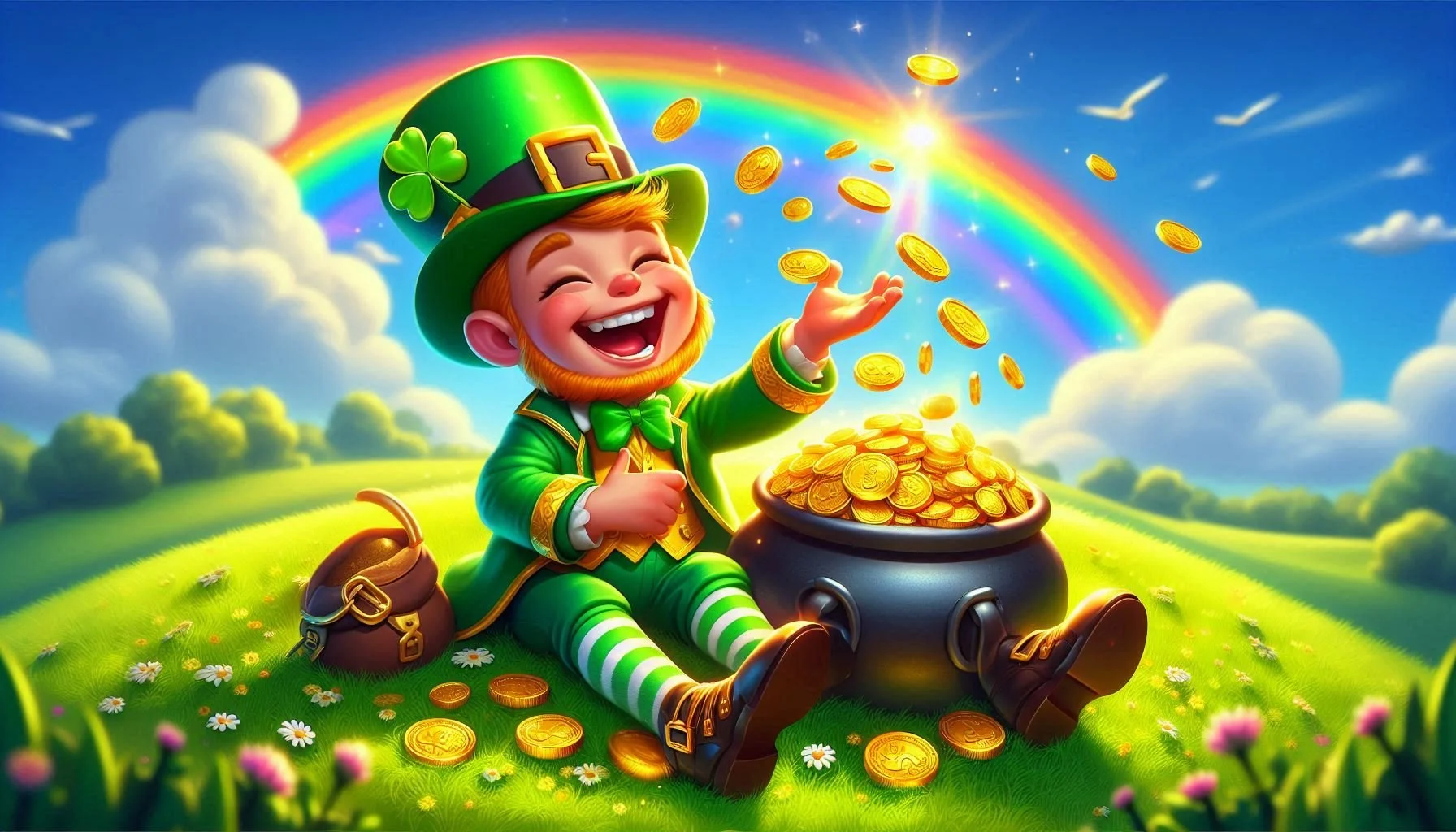 A cheerful leprechaun with a big smile, wearing a green outfit and hat with a shamrock, sitting on a grassy field near a pot of gold coins, with a rainbow and clouds in the sky.